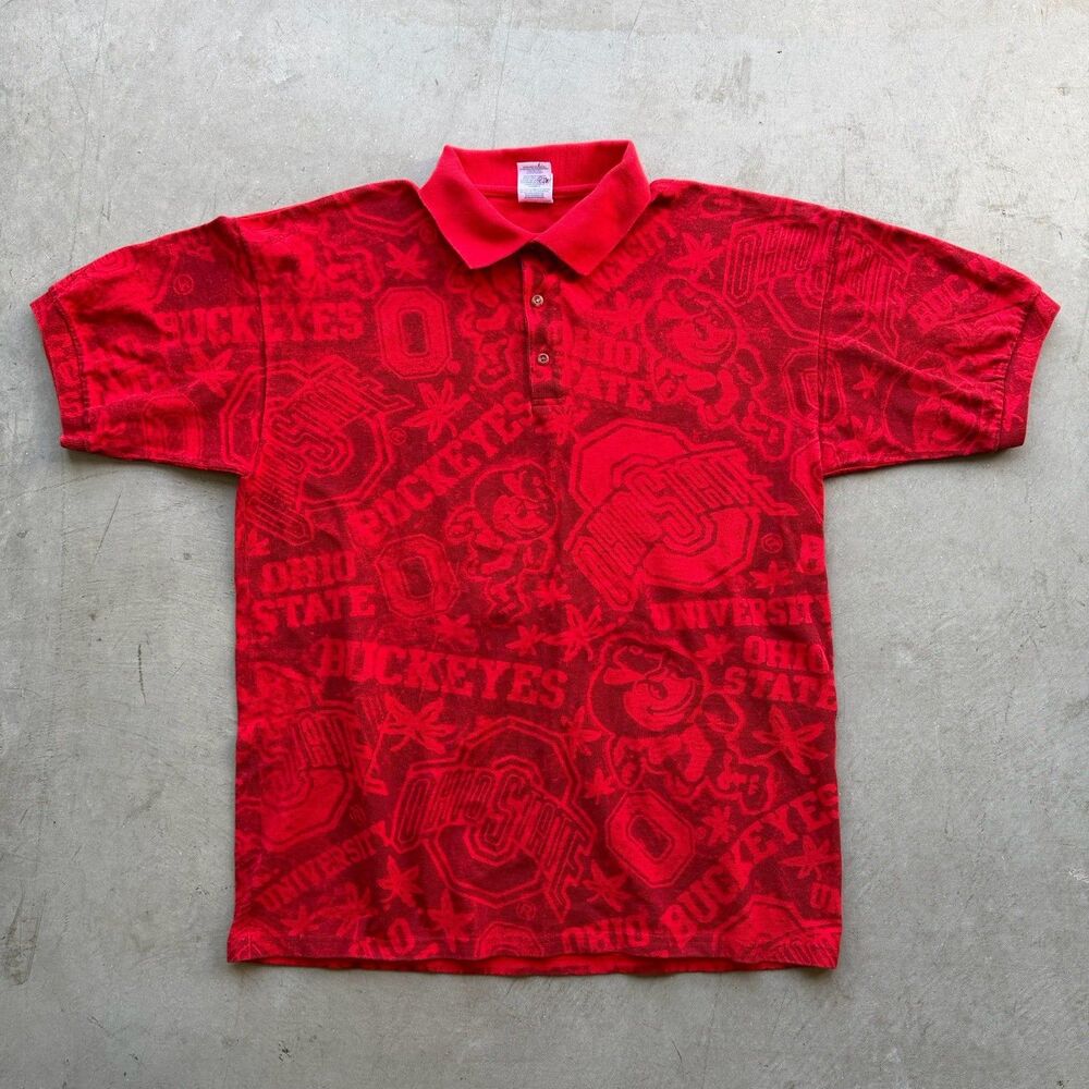 Vintage Ohio State Buckeyes Mens L Polo Shirt University All Over Print Red NCAA